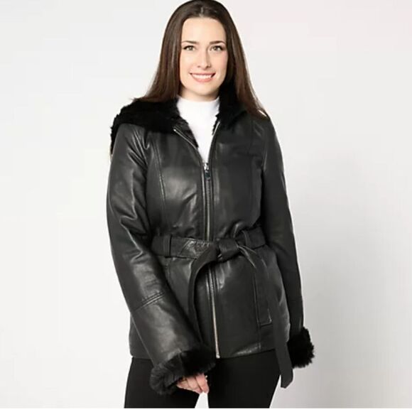 Geniveive Belted Wilson's Leather fur lined hooded leather coat, zipup sz L - Picture 1 of 9
